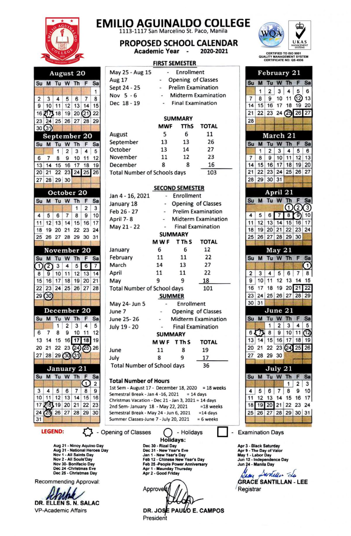 School Calendar AY 20202021 Emilio Aguinaldo College